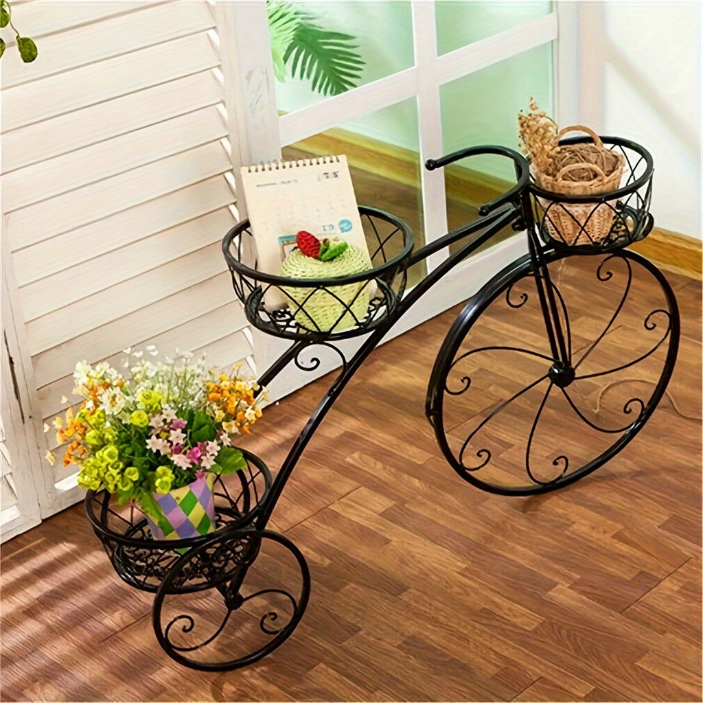 Tricycle Plant Stand in Black or White with Three Iron Pot Holders, Decorative Bicycle Flower Display with Fixed Wheels for Home and Suitable Patio Spaces