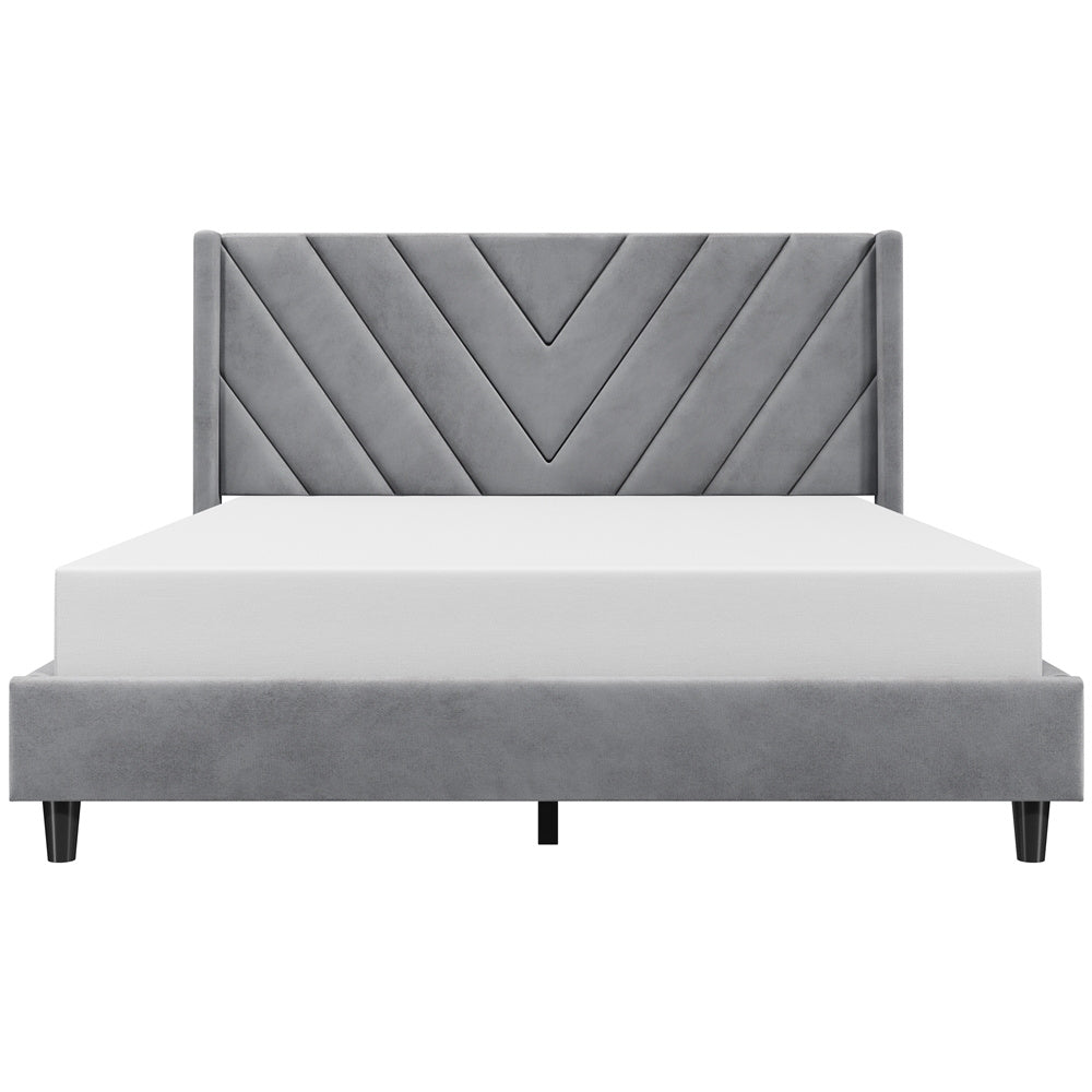 Velvet Platform Bed Frame by Costoffs with Wingback Headboard and Geometric Stitching, Wooden Slat Support, No Box Spring Needed, Twin to King Options