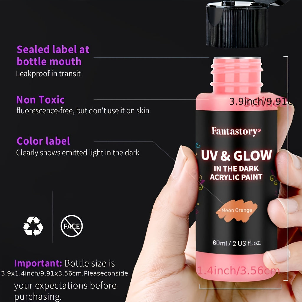 Glow-in-the-Dark Acrylic Paint in 10 Neon Colors with Listed UV-Reactive Effects and 60ml/2oz Wording for Rock Painting, Canvas Art and Seasonal Crafts