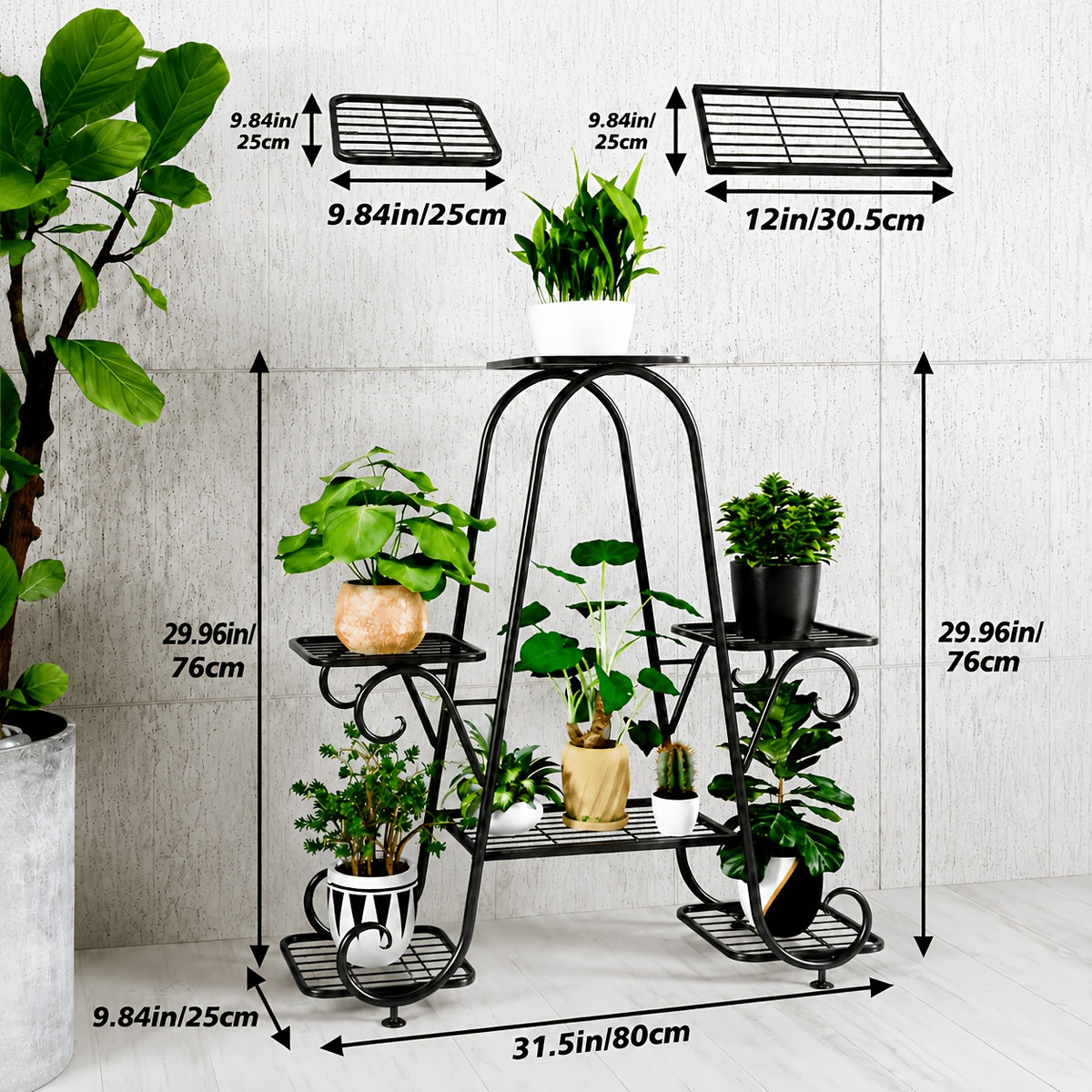 Metal Plant Stand with Listed Four-Tier Flower Pot Display, Decorative Curves and Adjustable Foot Pads in 940 Black or 941 Black Options for Home and Balcony Decor