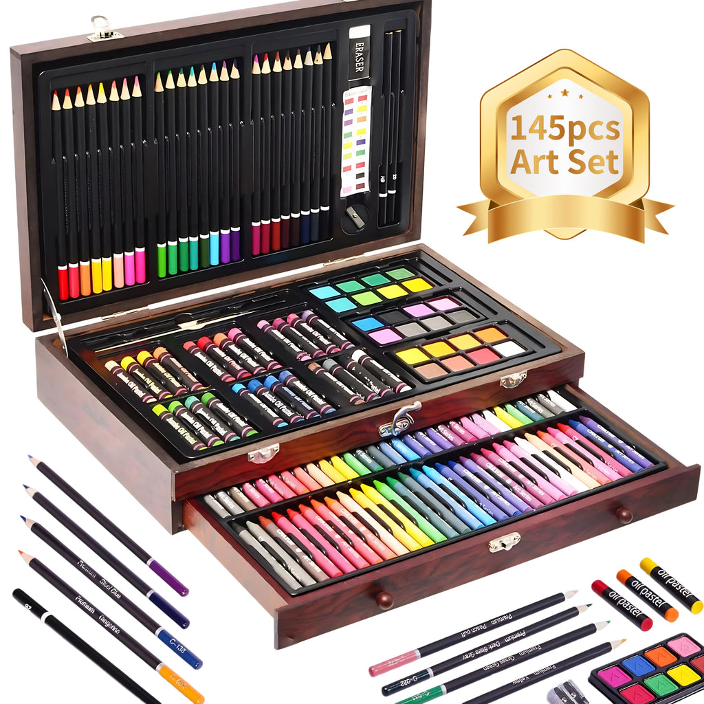 Wooden Case Art Set, 145-Piece Three-Layer Selection with Crayon, Oil Pastel, Watercolor Cake and Colored Pencil References for Drawing and Painting