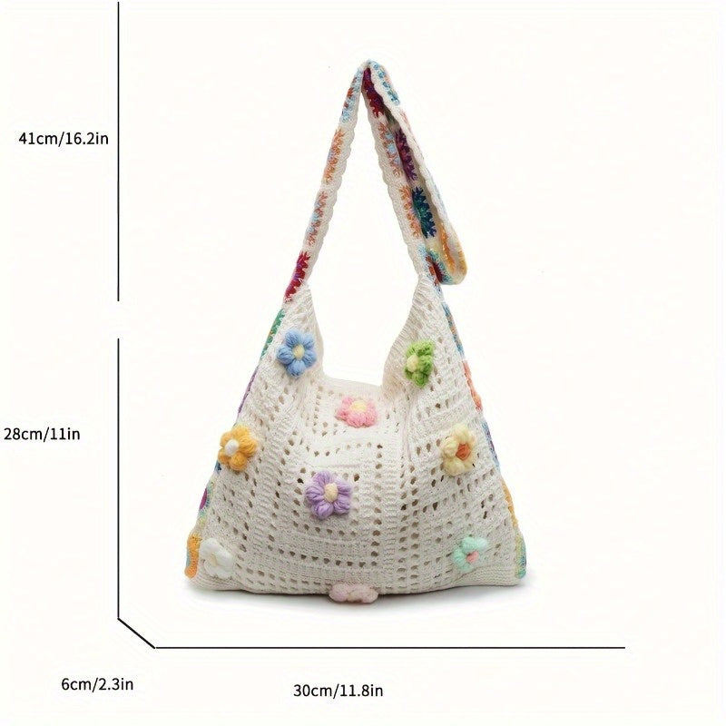 Boho Messenger Bag for Women with Hollow Flower Details and Contrast Fabric, Vintage-Inspired Casual Purse with Button Accents, No Closure and Seven Option Labels