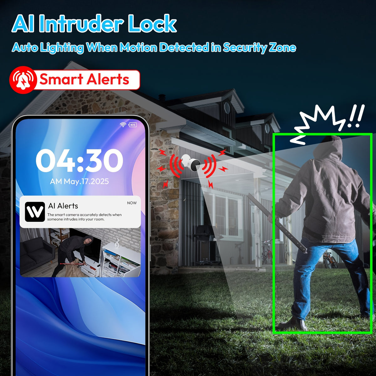 Two-Piece WiFi Home Security Camera System with Listed AI Human and Animal Detection, Two-Way Speaker, Voice Intercom and High-Definition Viewing Features