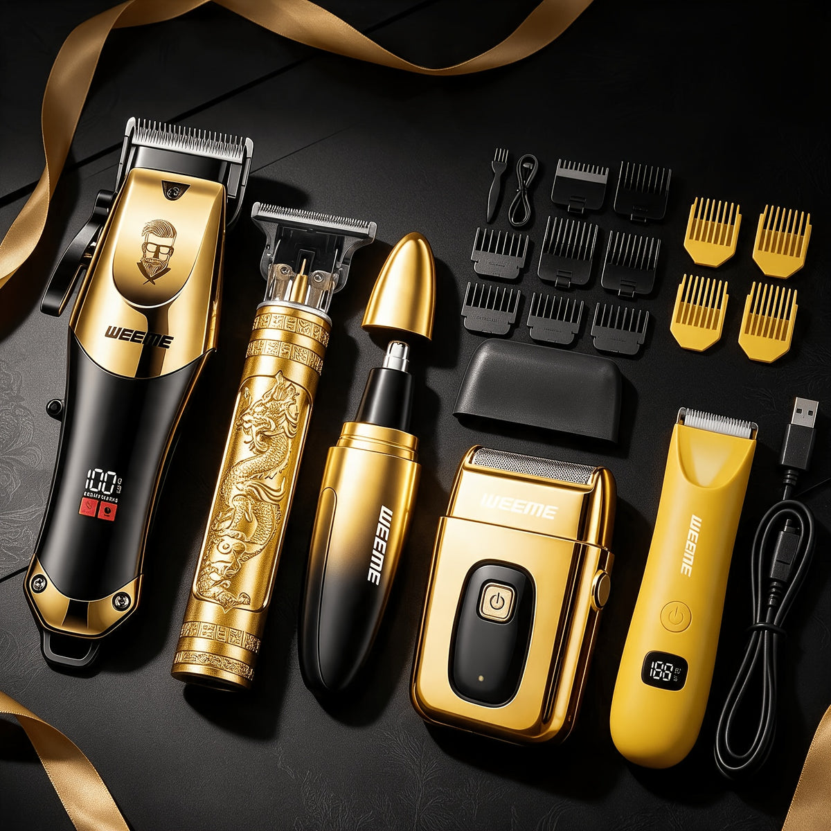 2/3/4/5pcs Hair Clippers for Men, Professional Cordless Hair Clipper Trimmer & Electric Shaver & Nose Trimmer &Body Trimmer Set, LCD Display, Barber Grooming Kit, Gift Set for Men (Gradient Golden)