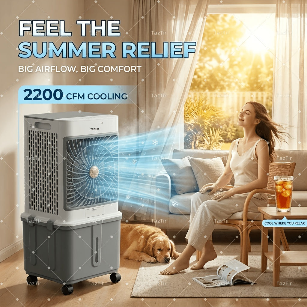 TAZTIR 2200 CFM Evaporative Air Cooler, 8.7 Gal Tank Swamp Cooler with 120° Swing, 3 Speeds, 35dB Quiet Operation and 4 Ice Packs, Portable Cooling Fan for Bedroom, Office, Patio, Garage, Warehouse and Large Spaces