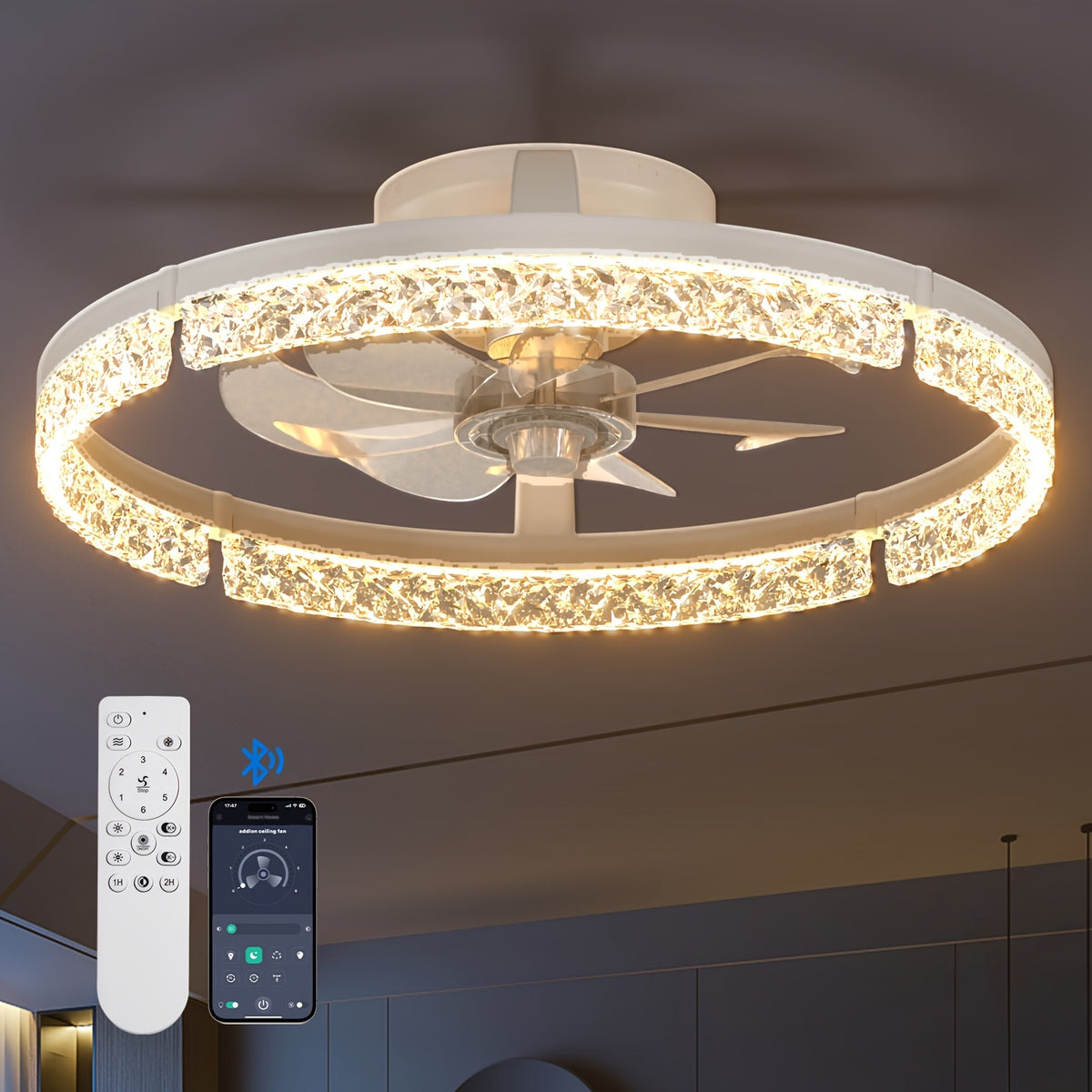 20-Inch Dimmable Ceiling Fan Light with Remote, Low-Profile Flush-Mount Fandelier with Listed 3000K–6000K LED in Black or White for Bedroom and Living Room