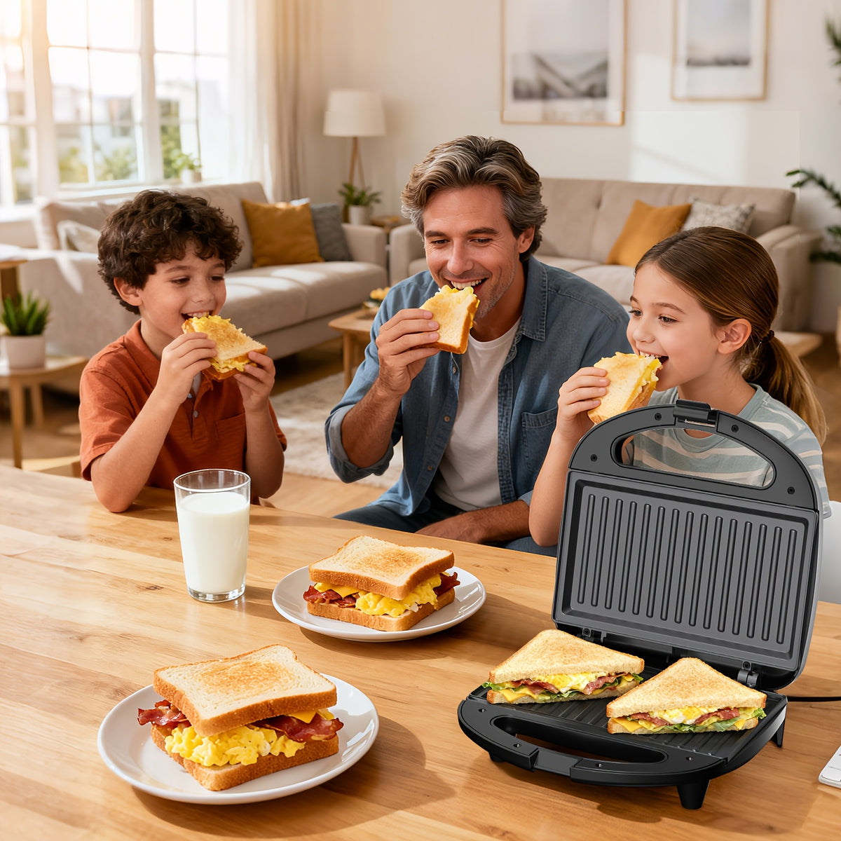 750W Sandwich Maker with Indicator Lights and Cool-Touch Handle, ABS07 Grill-Plate or Waffle-Plate Model Options for Grilled Cheese and Home Breakfast Preparation