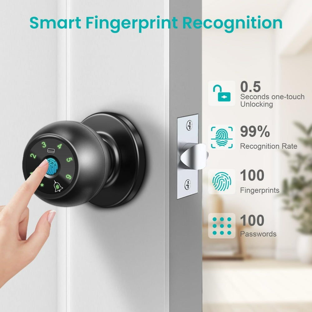 Five-Method Fingerprint Door Knob with App, IC Card, Password and Backup Key Access, Silent and Passage Modes, Anti-Peep Keypad and Type-C Emergency Power