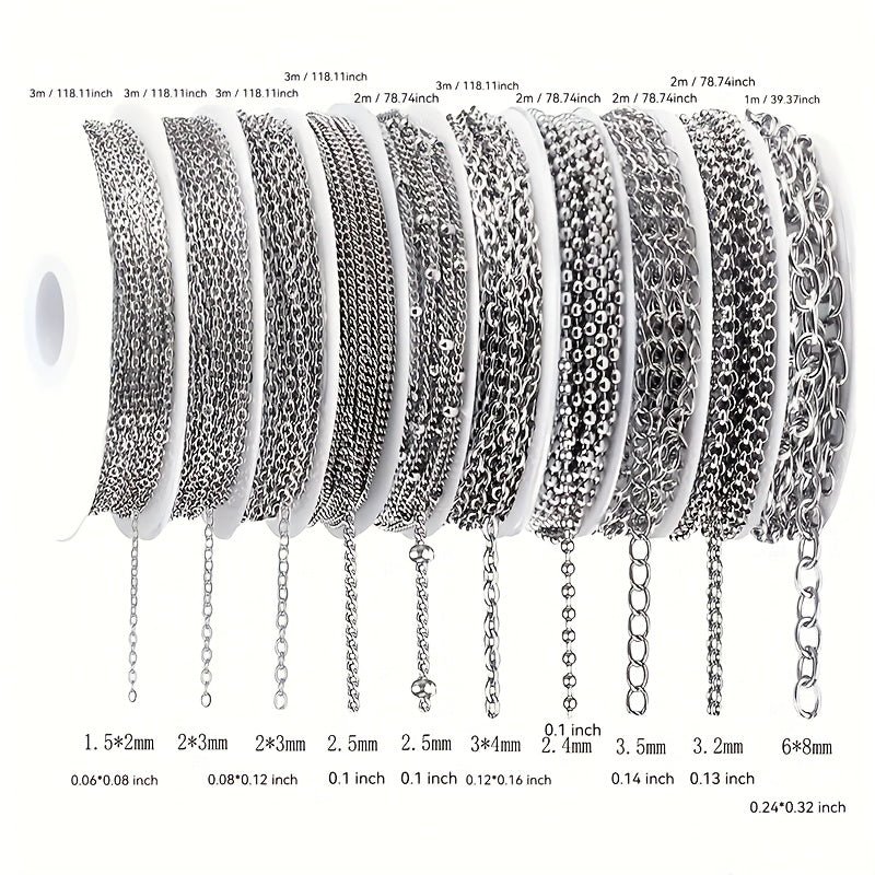 Jewelry Chain Rolls 10-Pack, 304 Stainless Steel Assorted Chain Making Supplies for DIY Necklaces, Bracelets and Personalized Handmade Gift Projects