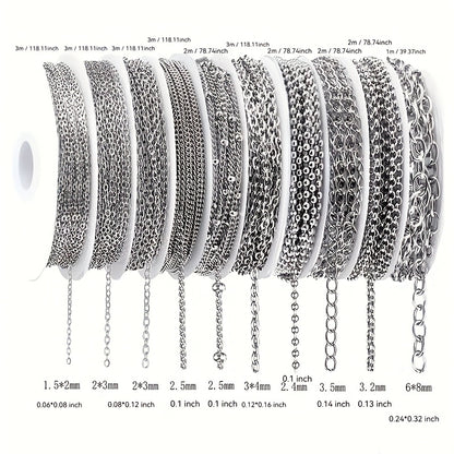 Jewelry Chain Rolls 10-Pack, 304 Stainless Steel Assorted Chain Making Supplies for DIY Necklaces, Bracelets and Personalized Handmade Gift Projects
