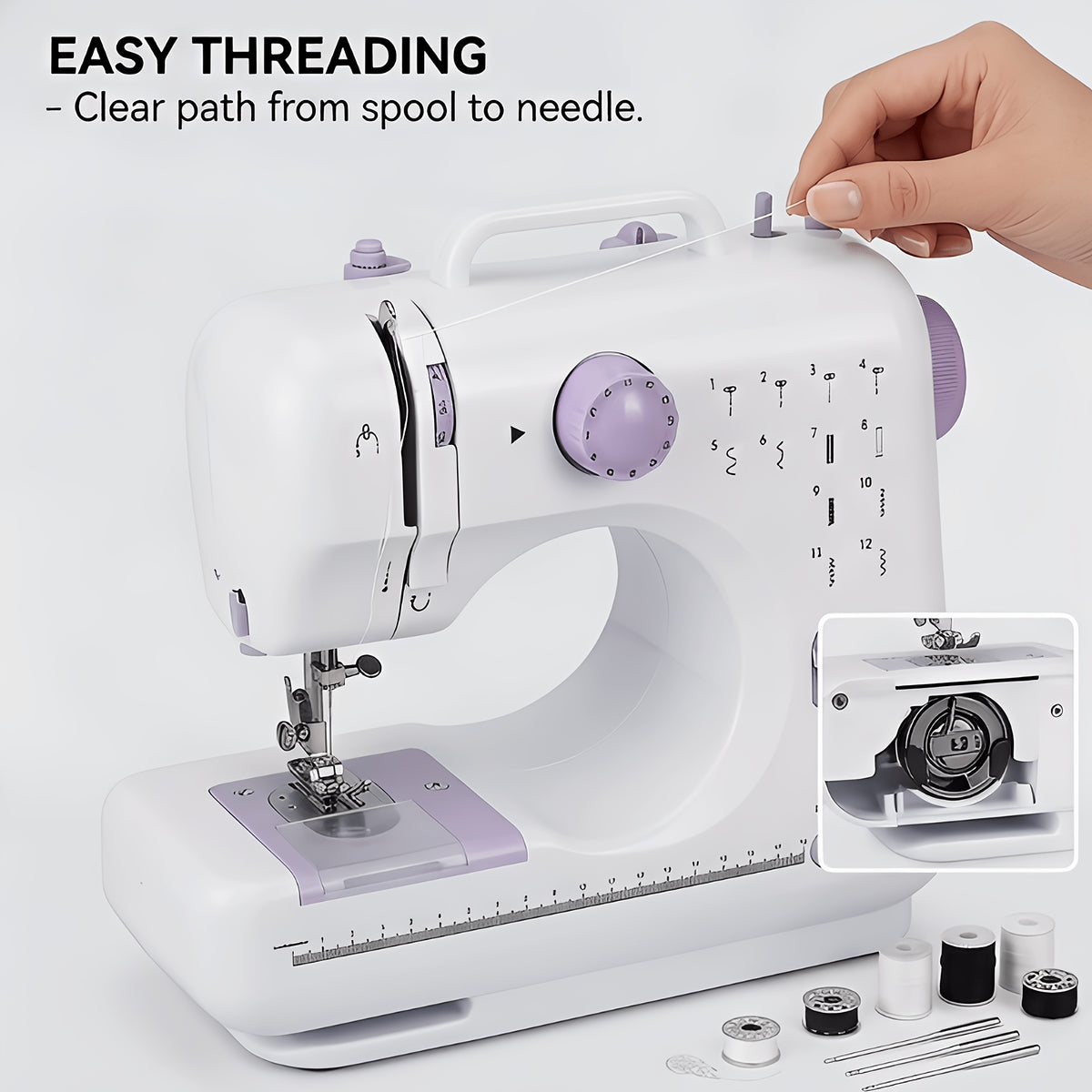 12-Stitch Mini Sewing Machine with Listed Dual Speed and Reverse Sewing, Portable Electric Beginner Craft Tool with Thread, Bobbins and Needles for Home Projects