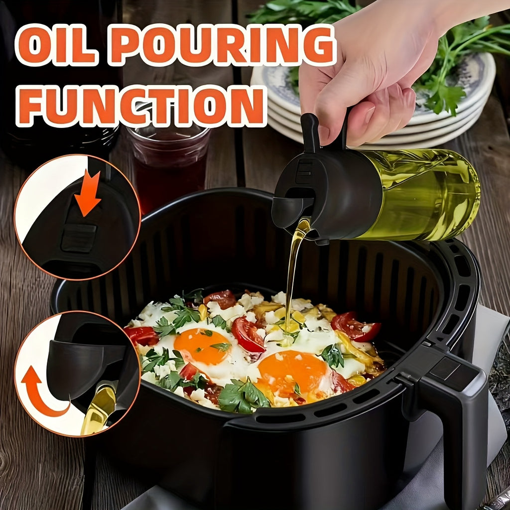 Olive Oil Sprayer and Dispenser Bottle, Listed 16 Oz Dark Green Glass with Black Cap and Six Stickers for Two-in-One Pouring and Cooking Oil Spray in Kitchen and BBQ Prep