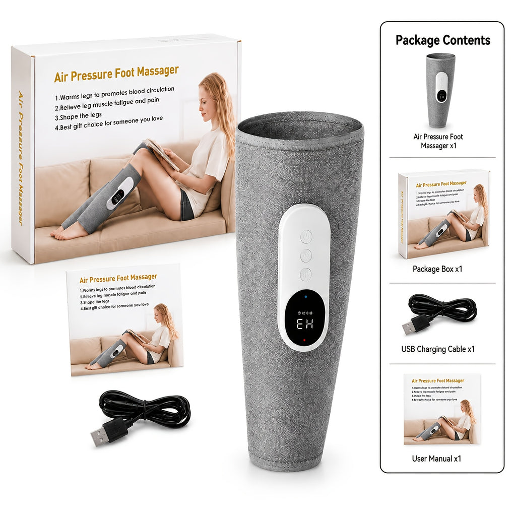 Grey Rechargeable Compression Leg Massager, One-Piece USB-Charging Device with Listed 2000mAh Battery, Three Intensity Levels and Three Temperature Settings