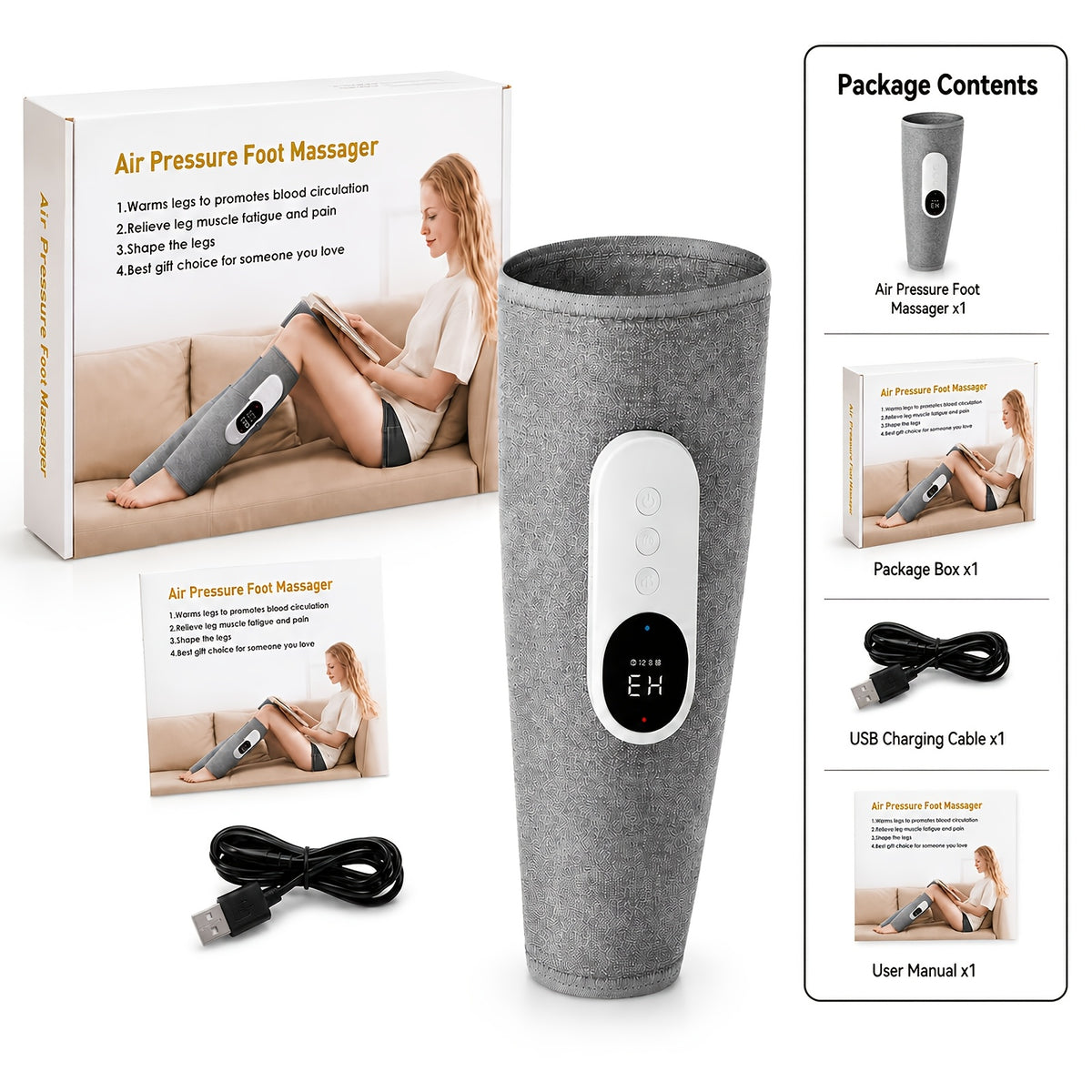 Grey Rechargeable Compression Leg Massager, One-Piece USB-Charging Device with Listed 2000mAh Battery, Three Intensity Levels and Three Temperature Settings