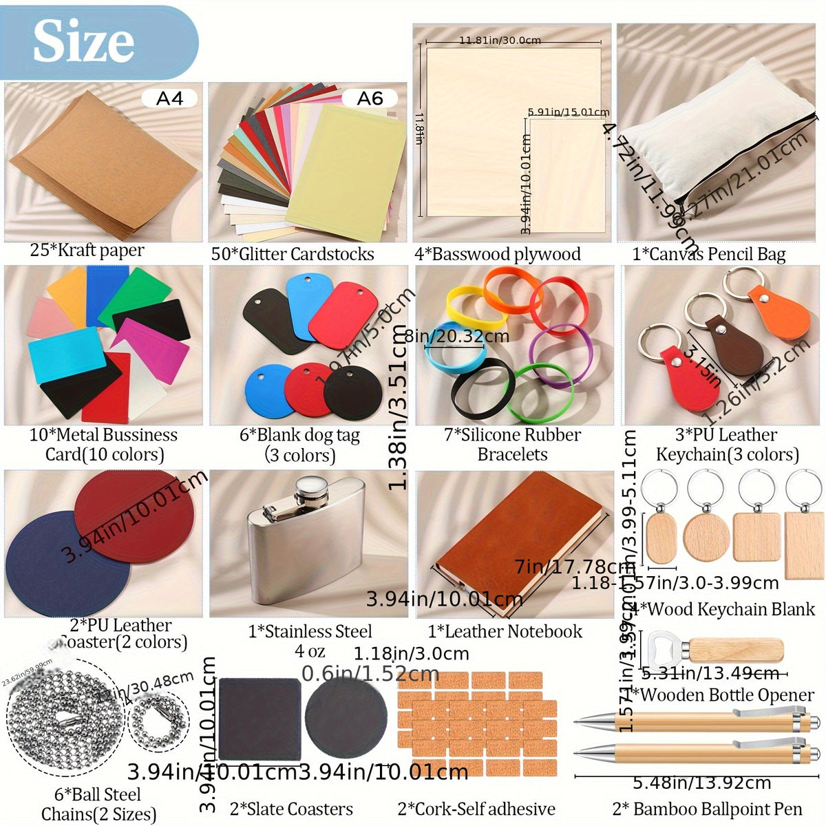 Laser Engraving Materials Kit with Listed 127 Pieces, Wood, Metal, Fabric, Glass, Rock and Rubber Categories for Compatible Craft Project Planning
