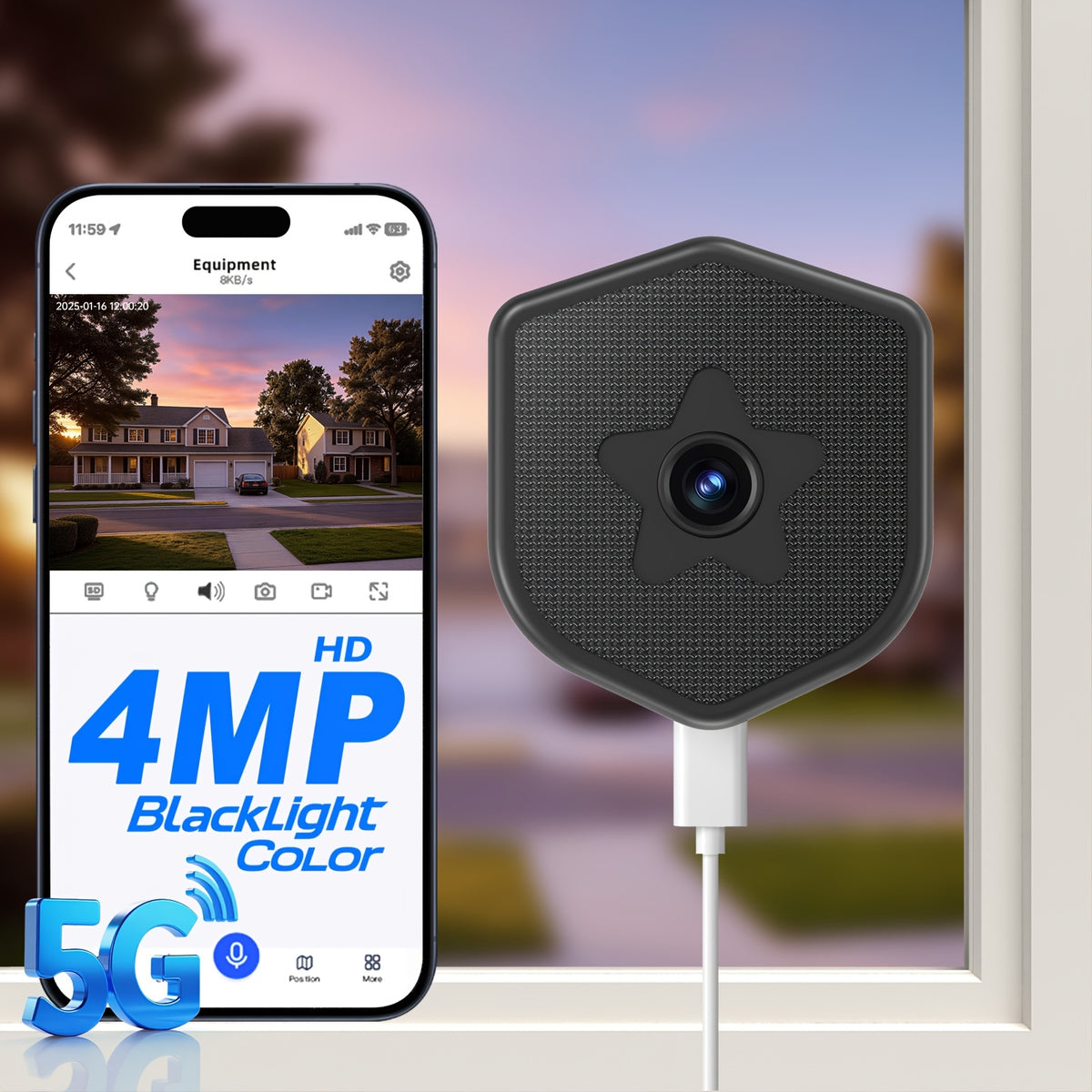 4MP Wireless Window Camera with Dual-Band WiFi, Two-Way Audio and Motion Tracking, AI Blacklight or Full-Color Single-Camera Options for Indoor Pet Monitoring