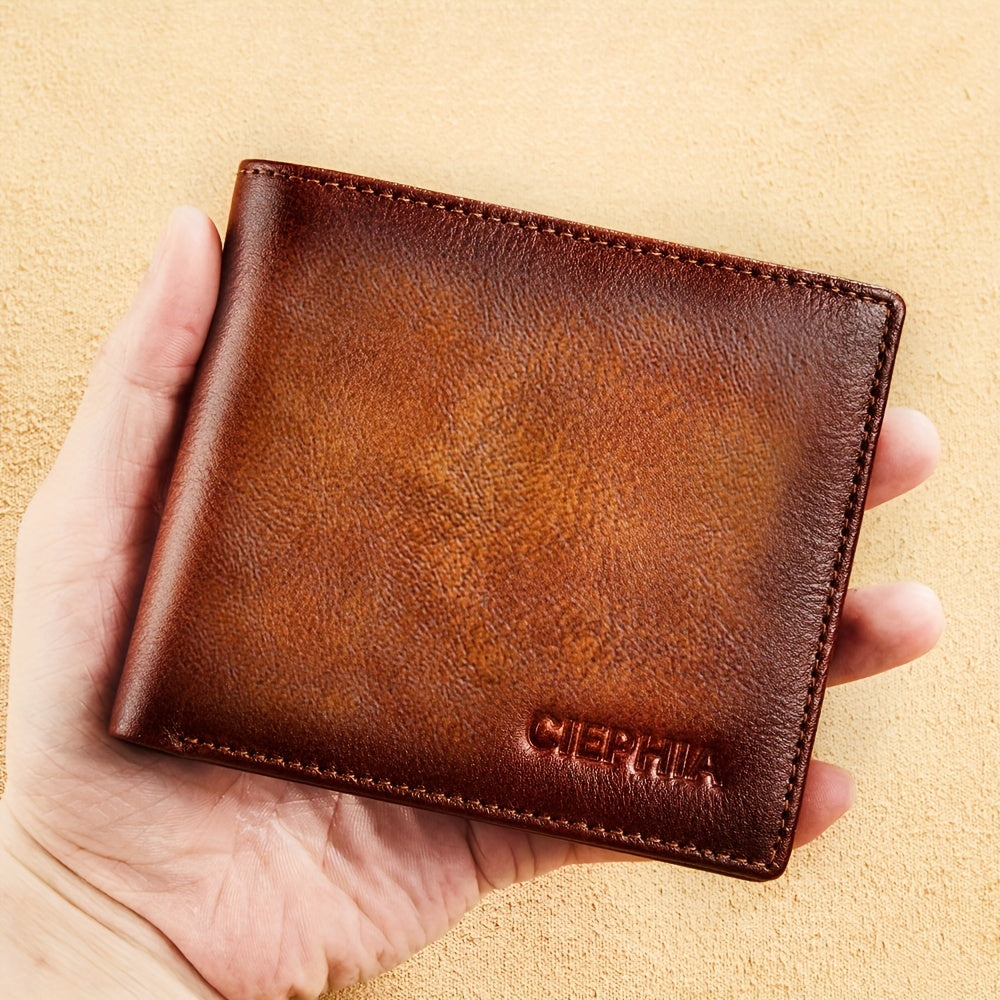 Retro Leather Bifold Wallet for Men, Short ID and Credit Card Holder with Listed 10 x 1 x 11 cm Size in Brown, Deep Blue, Coffee Color or Black for Everyday Carry