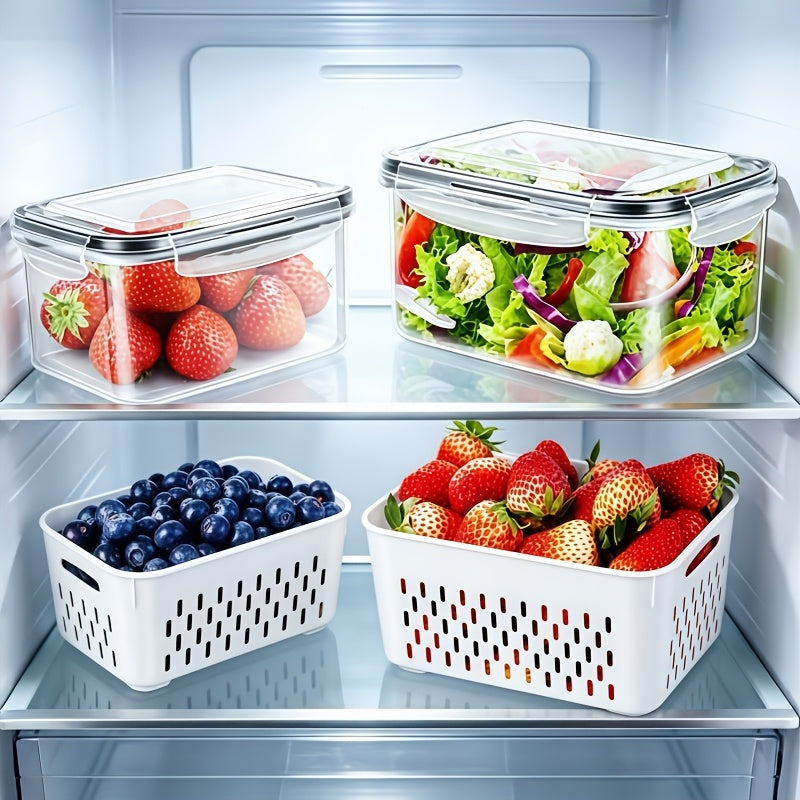 Fruit Storage Boxes with Removable Colanders, M+L Refrigerator Organizer Set in PP Plastic with Two Boxes and Two Drain Baskets, Four Pieces Total