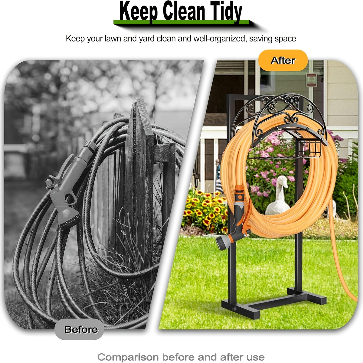 Metal Garden Hose Storage Rack, Black Detachable Outdoor Water Hose Holder with Single-Leg and Double-Feet Options for Garden, Patio and Lawn Organization