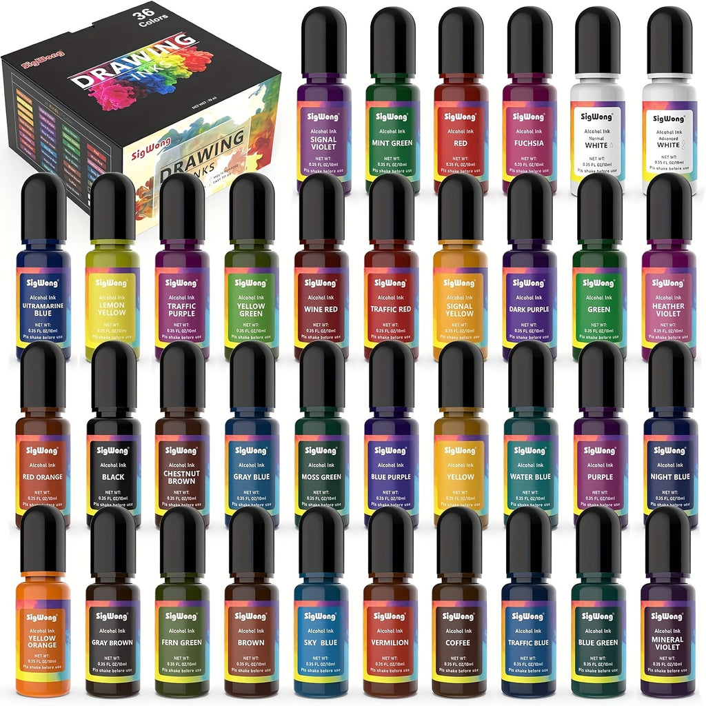 36-Color Alcohol Ink Set, Concentrated Alcohol-Based Resin Dye in 0.34oz Bottles for Petri Dish Art, Decorative Coasters, Painting and Tumbler Crafts