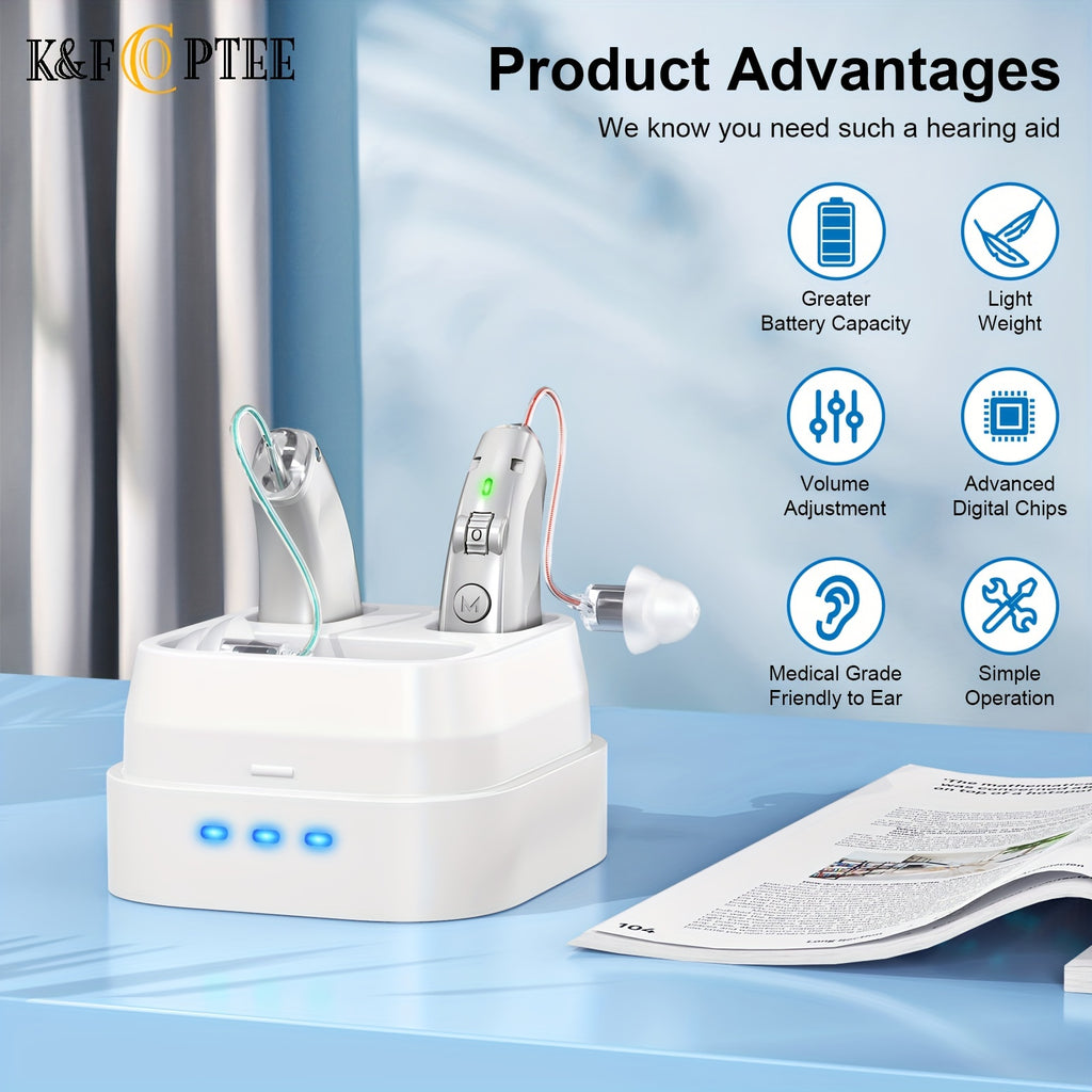 Silver Rechargeable Hearing Aids, Listed One-Pair Behind-the-Ear Devices with Volume Adjustment, Frequency Controls and USB Charging Case for Adult Listening Needs