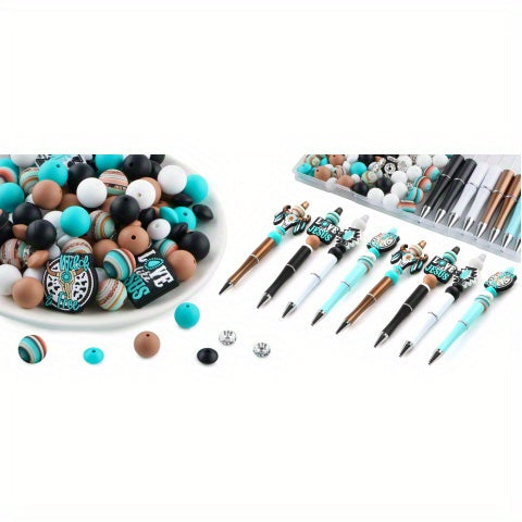 Turquoise Silicone Beads for Pens and Keychains, 146-Piece Mixed Craft Assortment with Listed 10mm Round and 12mm/15mm Beads for DIY Jewelry and Decorations