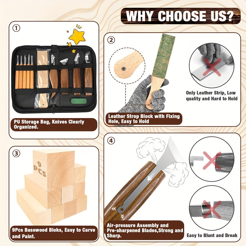 Wood Carving Knife Set with 15, 17, 20 or 23-Piece Options, Listed PU Case Packages and Detail, Hook and Geometric Tool Wording for Adult Woodworking Crafts