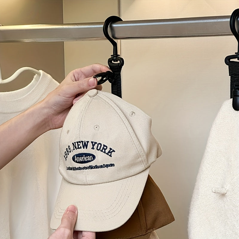 Hanging Hat Organizer with Eight Clips for Baseball Caps, One-Piece Black or Grey Wardrobe Storage Tool for Home Closets and Everyday Cap Collections