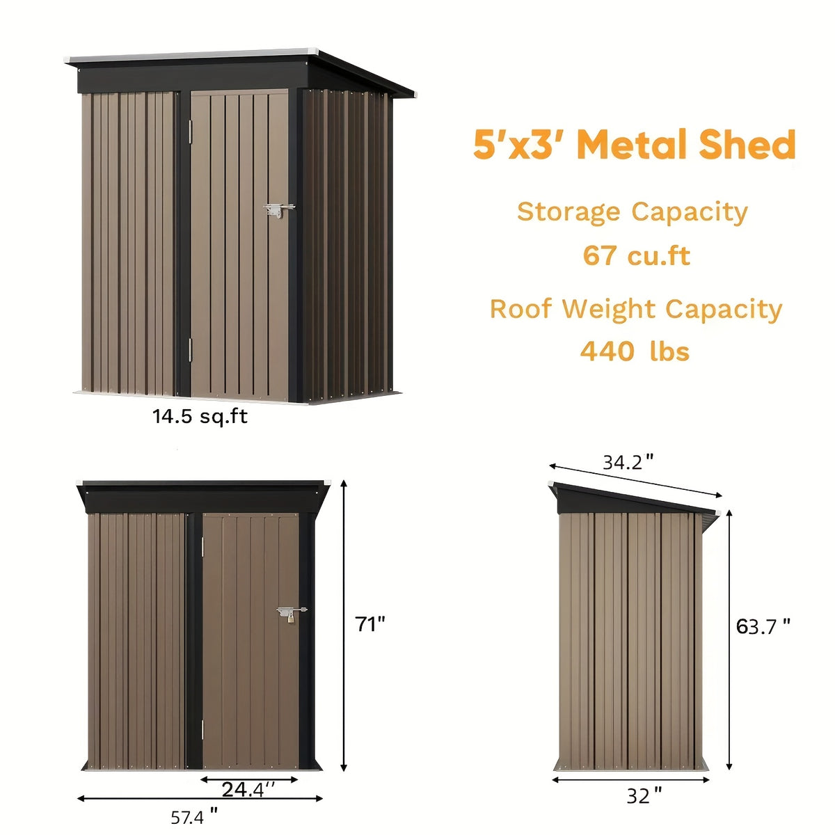 Outdoor Metal Tool Shed in Listed 5 x 3 FT Size, Garden Storage Building with Single Lockable Door and Sloping Roof, Brown, Grey or White Model Options
