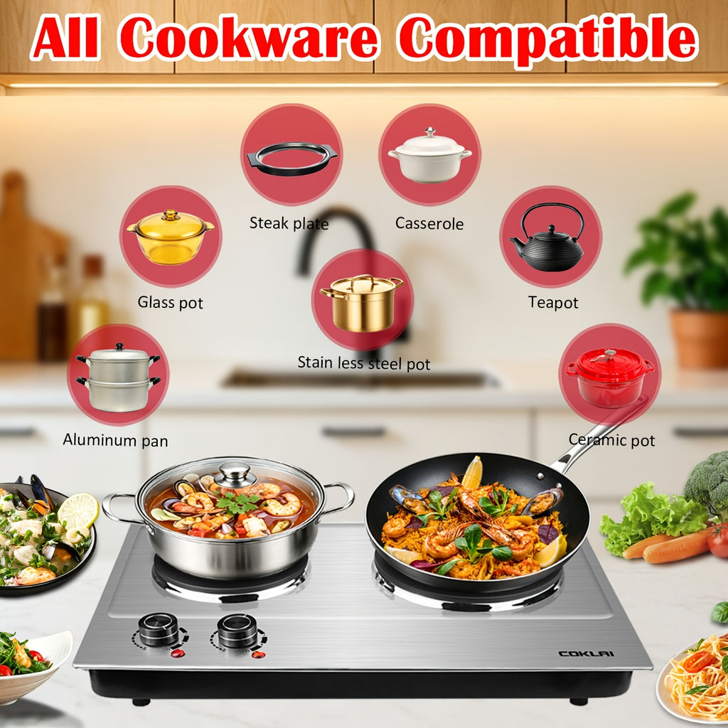 Dual Burner Hot Plate, Portable Electric Cooktop with 7.4 Inch and 6.1 Inch Heating Plates, Adjustable Temperature Control for Dorm, RV and Home Kitchen Daily Cooking