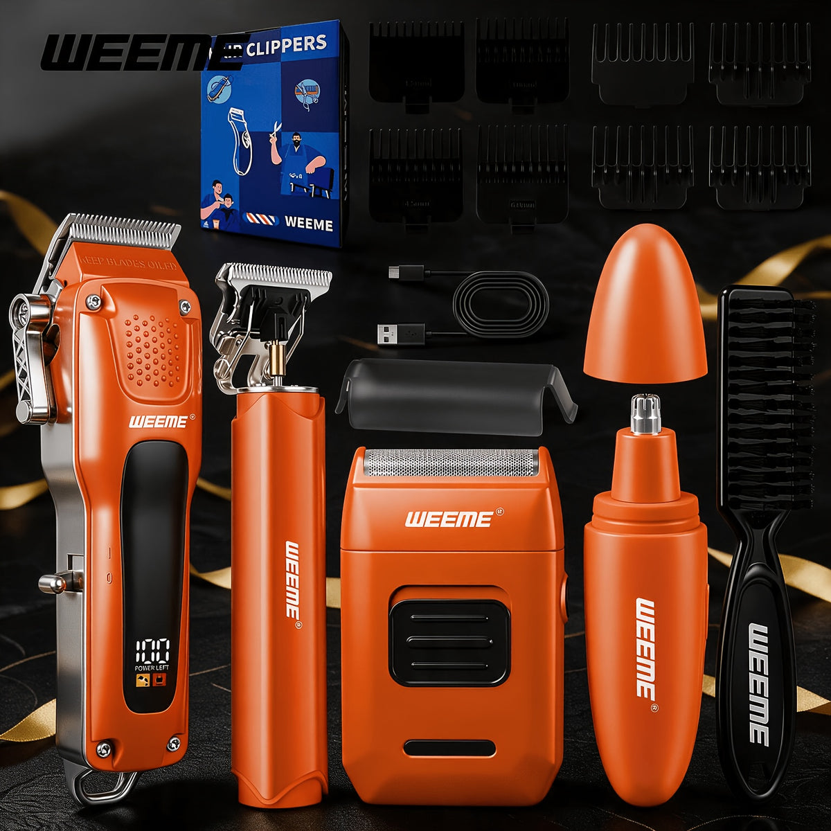 2/3/4/5pcs Hair Clippers for Men, Professional Cordless Hair Clipper Trimmer & Electric Shaver & Nose Trimmer &Body Trimmer Set, LCD Display, Barber Grooming Kit, Gift Set for Men (Gradient Golden)