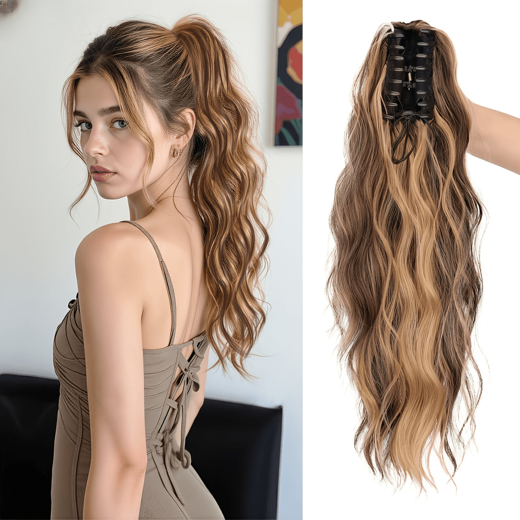 16-Inch Water Wave Ponytail Extension for Women, Synthetic Curly Hairpiece with Clip Attachment and Multiple Color Options for Daily Wear and Parties