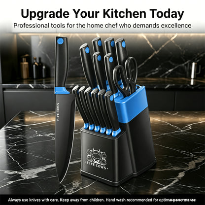 High Carbon Stainless Steel Knife Set with Manual Sharpener and Holder Base, Plastic Handle Kitchen Collection in 14-Piece and 13+1 Color-Labeled Options