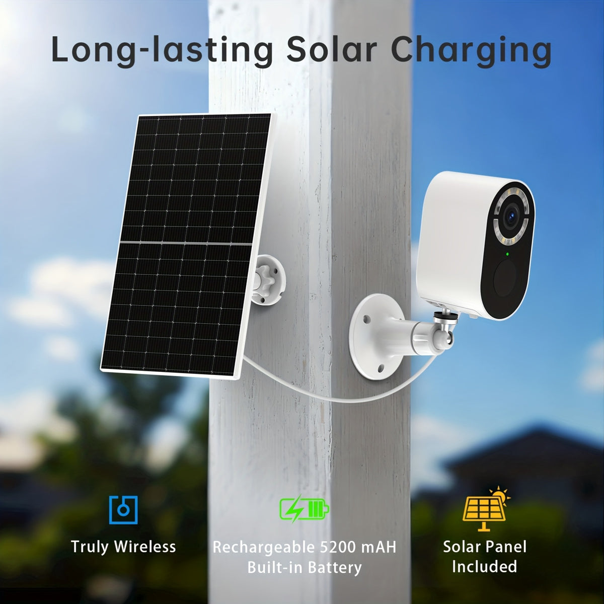 Solar WiFi Surveillance Camera with Listed 2K Imaging, Two-Way Voice and Color Night Vision, White or Black in One- or Two-Piece Home Monitoring Options