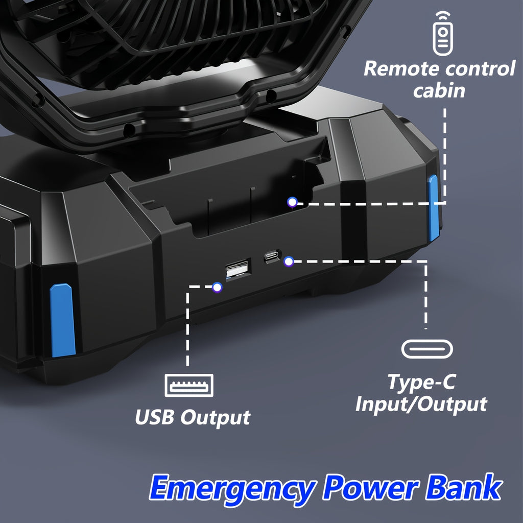 F6 Camping Fan with Four Speeds, Five-Level LED Light, Timer and Power Bank Function, Listed 40000mAh Model in Blue, Green or Orange for Tent and Home Use