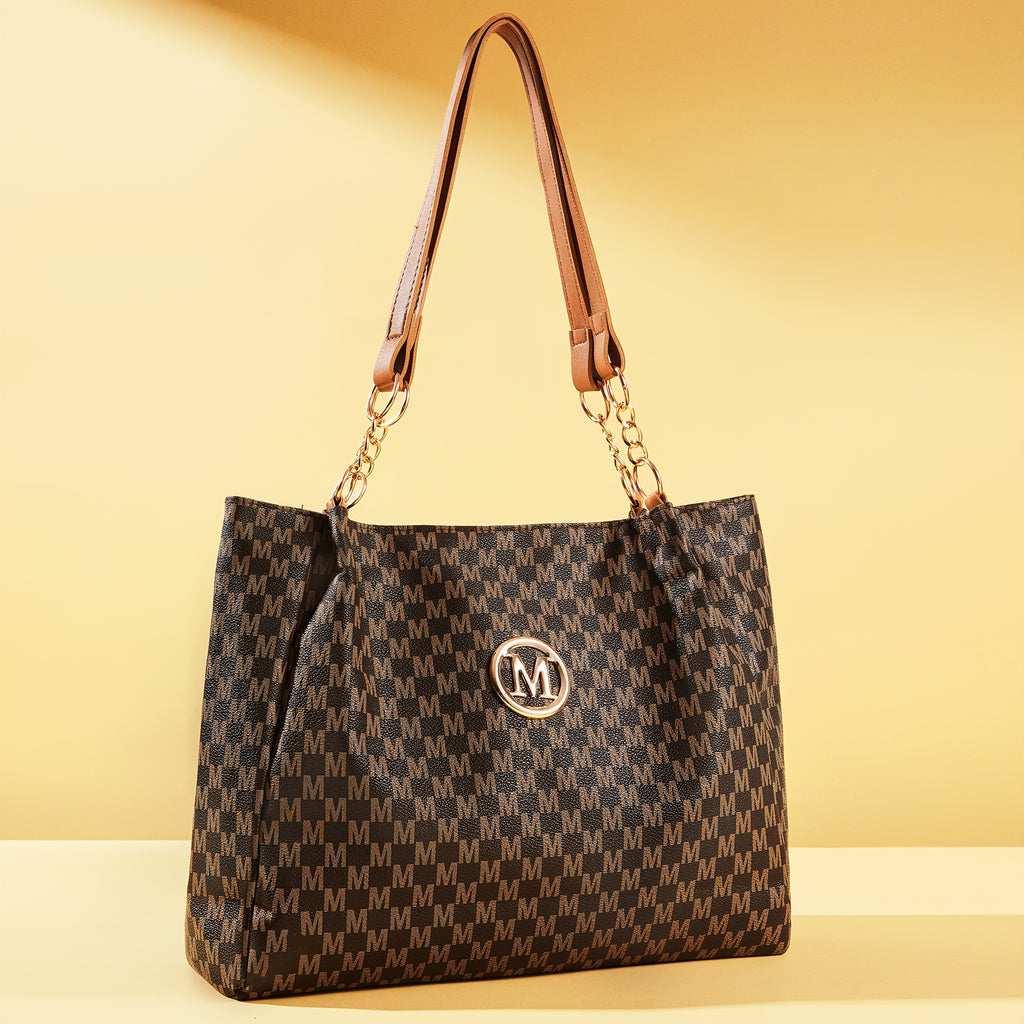 M-Print PU Tote Bag for Women in Black, Vintage-Inspired Shoulder Handbag with Zipper Closure and Hardware Accents for Shopping and Casual Travel