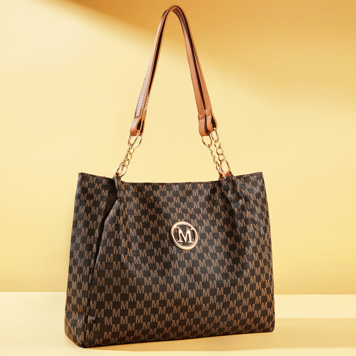 M-Print PU Tote Bag for Women in Black, Vintage-Inspired Shoulder Handbag with Zipper Closure and Hardware Accents for Shopping and Casual Travel