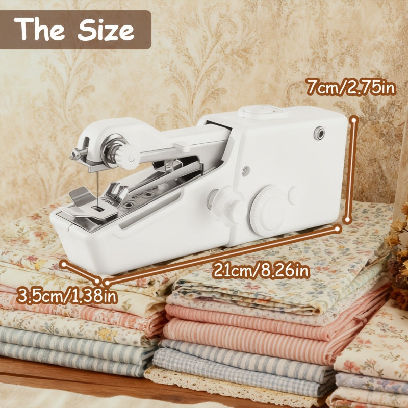 Handheld Sewing Machine Kit in Black or White, Battery-Powered Portable Fabric Tool with Needle, Threader, Spool Pin, Fabric Sample and Two Bobbins for Sewing Tasks