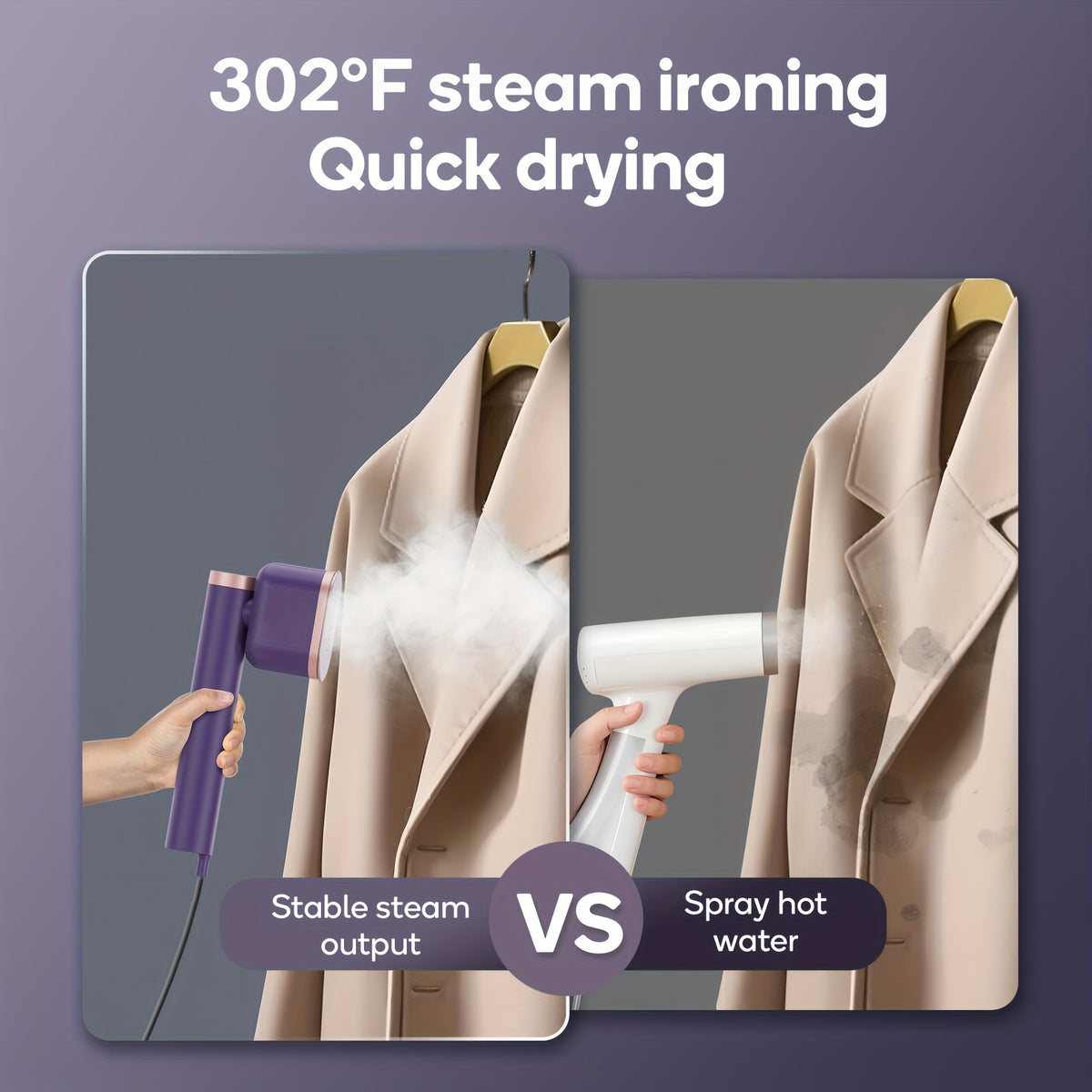 Two-Setting Garment Steamer, 1200W Handheld Clothes Steamer with Listed 15-Second Heat-Up in Royal Purple, Snow White or Mint Green for Home and Travel Fabric Care