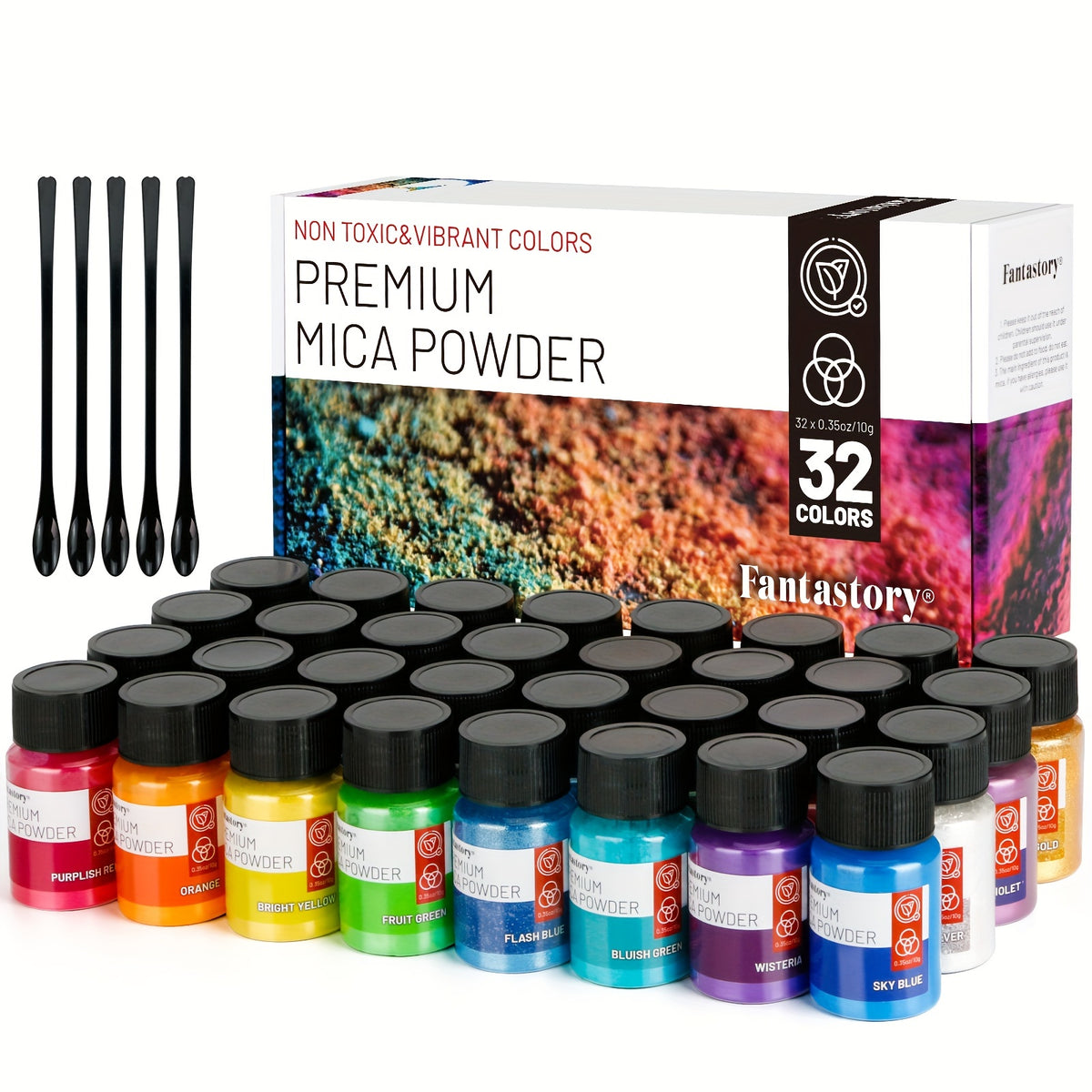 Pearlescent Mica Powder by Fantastory, 32-Color Pigment Art Set for Compatible Epoxy Resin Projects, Decorative Casting and Creative Handmade Craft Designs