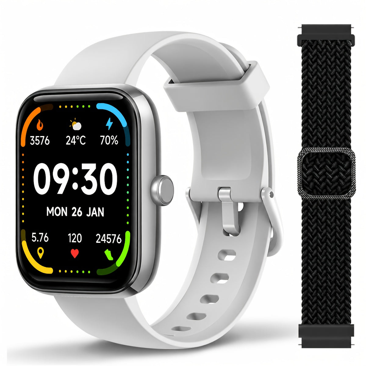 FUVEHA Alexa Smartwatch in Upgraded White with Listed 1.8-Inch HD Full Touchscreen, Call Functions, Message Notifications and 100+ Sports Modes for Adults