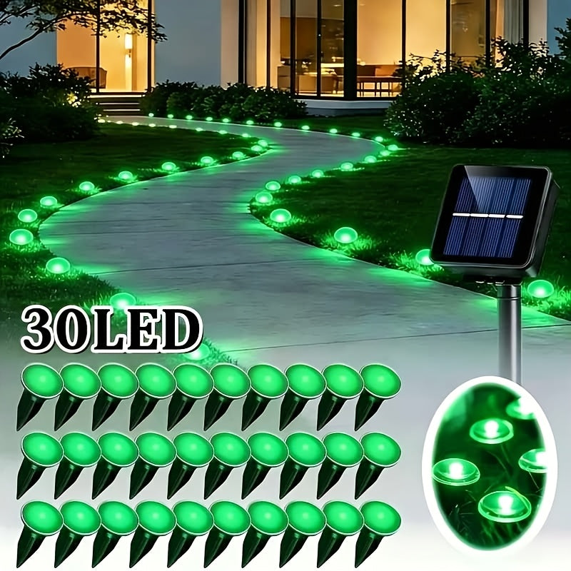 Solar Pathway String Lights with Listed 30 LEDs and Stake Design, Six Warm, White, Purple, Blue, Red and Green Light Options for Patio and Garden Event Decor