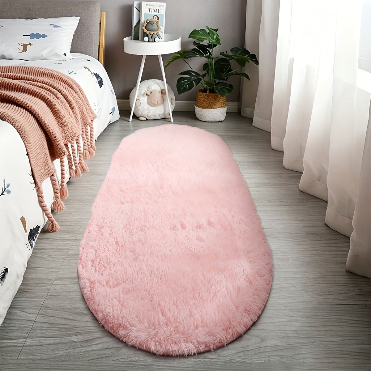 Oval Bedside Rug, Soft Bedroom Floor Accent in Blue, Gray, Apricot or Pink with 40 x 120 cm and 60 x 160 cm Options for Bedside Styling and Home Decor