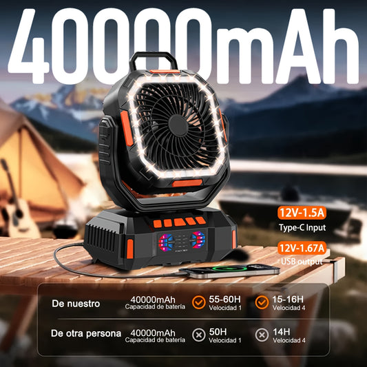 USB-C Rechargeable Camping Fan with Listed 40000mAh Battery, Four Airflow Speeds, Five LED Light Levels, Timer and Power Bank Function