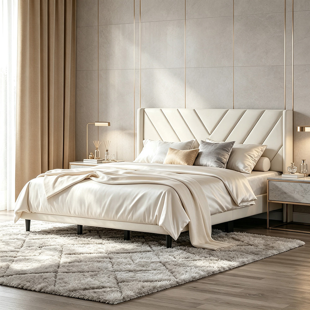 Velvet Platform Bed Frame by Costoffs with Wingback Headboard and Geometric Stitching, Wooden Slat Support, No Box Spring Needed, Twin to King Options