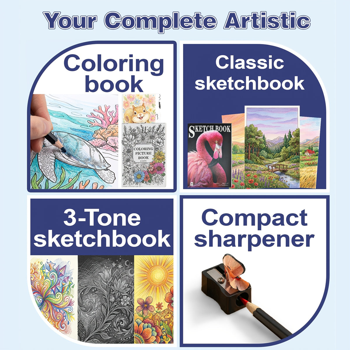 Portable Drawing and Sketching Art Kit, 120-Piece Set with Listed Colored Pencils, Sketchbook, Coloring Book, Sheets and Sharpener for Adult Beginner Creativity