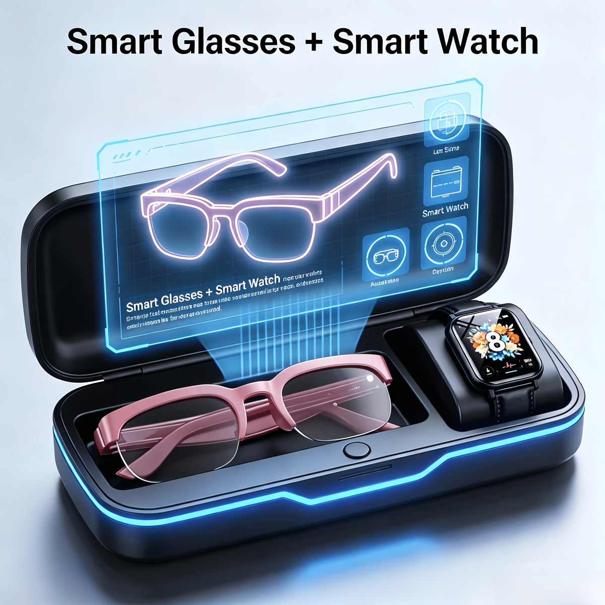 Audio Translation Eyewear and Touchscreen Watch Set with Listed AI Multilingual Functions, Built-In Microphone and Speaker, Music and Hands-Free Calling