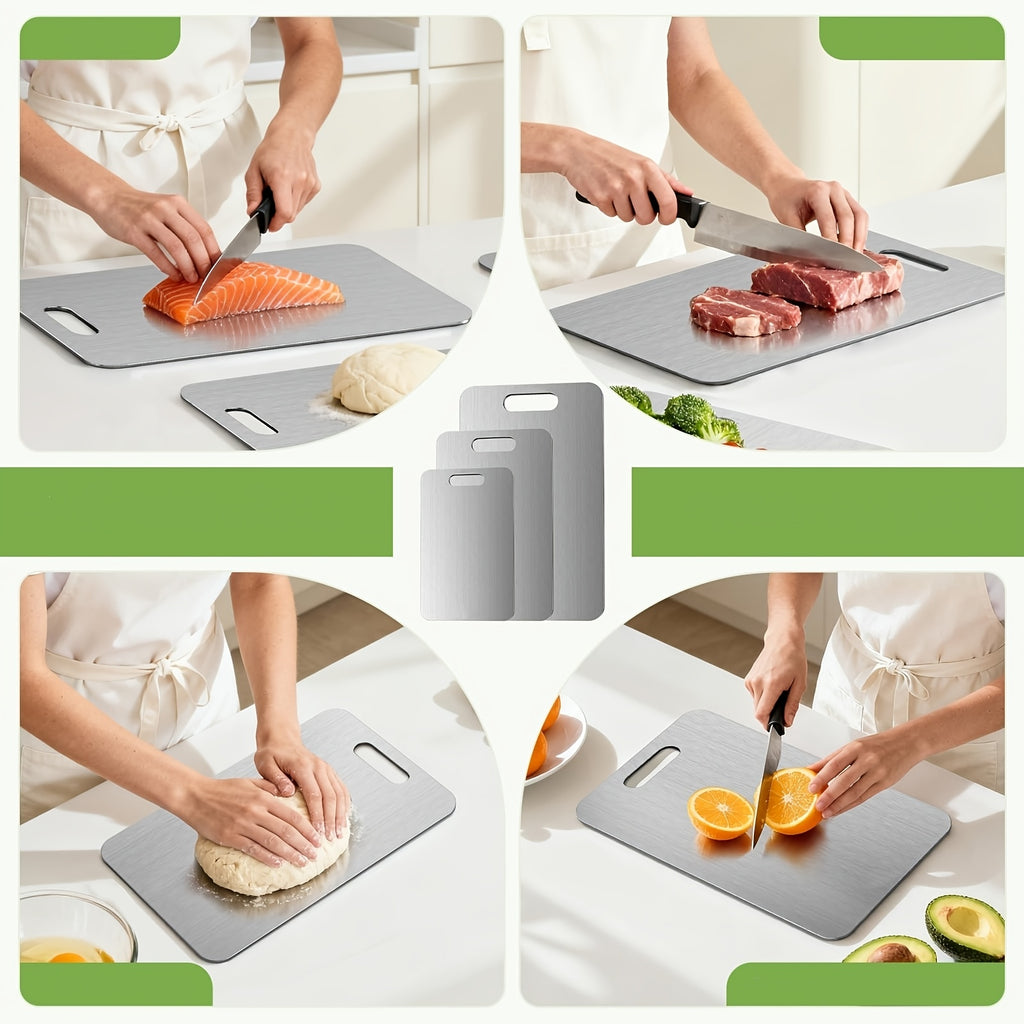 Stainless Steel Cutting Board Set of 3 with Reversible Surfaces, 10 x 6, 12 x 8 and 14 x 10 Inch Kitchen Prep Boards for Fruit, Vegetables and Dough