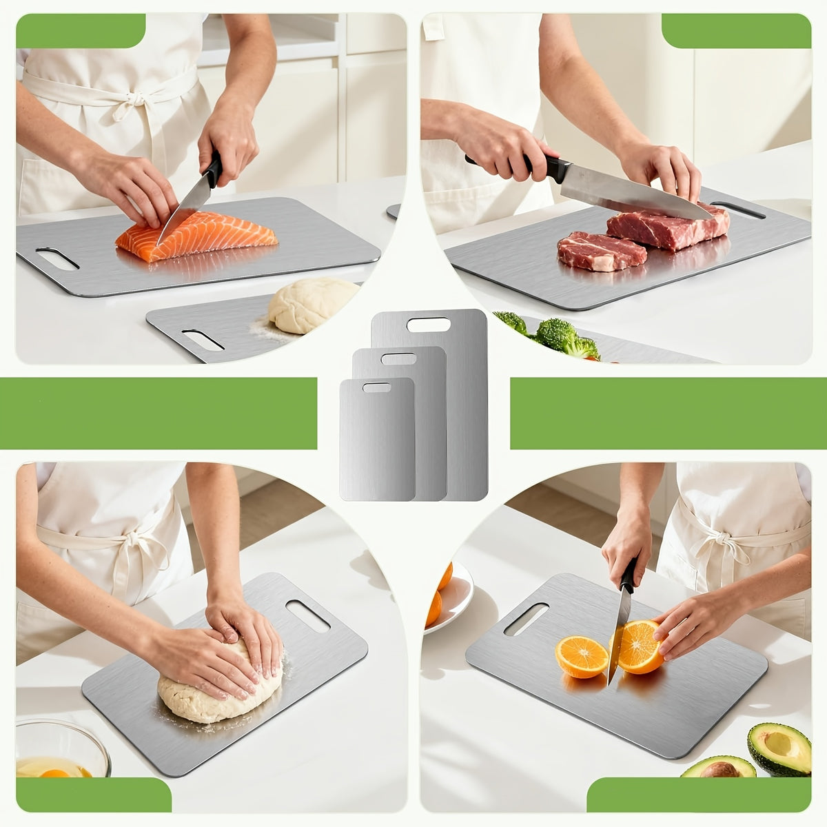 Stainless Steel Cutting Board Set of 3 with Reversible Surfaces, 10 x 6, 12 x 8 and 14 x 10 Inch Kitchen Prep Boards for Fruit, Vegetables and Dough