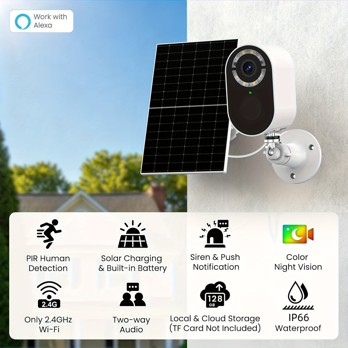 Solar WiFi Surveillance Camera with Listed 2K Imaging, Two-Way Voice and Color Night Vision, White or Black in One- or Two-Piece Home Monitoring Options